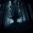 Creepy horror forest with scary tree.
