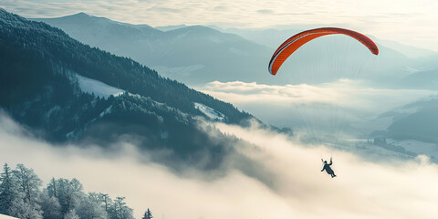 Paragliding with parachute at misty day
