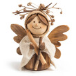 Wooden Angel with natural Decoration, isolated on white background