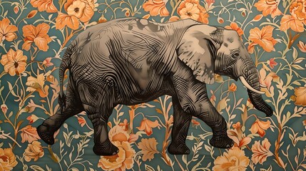 Wall Mural - Vintage illustration of elephant on floral background. royalty-free stock image for wallpaper or textile design. perfect for home decor. captivating wildlife art. AI