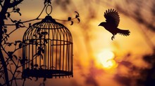Silhouette Of A Bird Flying Near Its Cage With The Setting Sun Background, Symbolizing Liberation And New Beginnings.