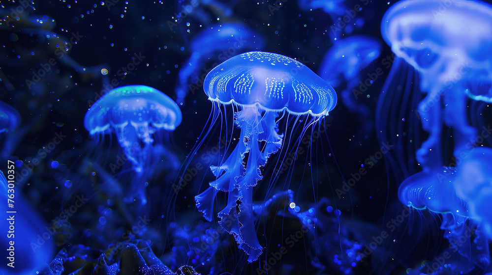 dark underwater scene illuminated by the gentle glow of bioluminescent ...