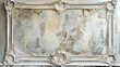 A white old stucco frame on light vintage background. Antique textured background.