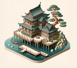 a traditional East Asian-style pagoda situated on a small island