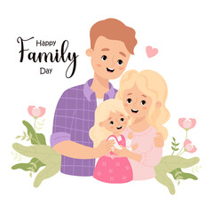 Wall Mural - Happy Family Day card. Cute man father, with wife mother blonde and daughter in flowers. Vector illustration