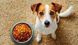Fototapeta Psy - Closeup of a cute Jack Russell Terrier dog looking at camera in front of a bowl full of pet dry kibble food on beige carpet, waiting for his treat. Generative Ai.