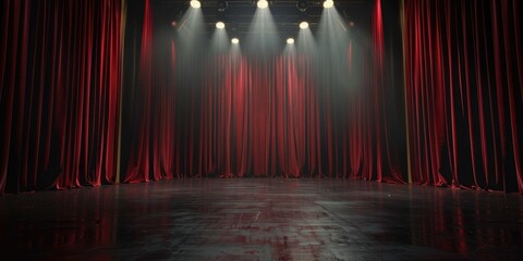 empty 3d room background template of a theater stage spotlights and red and black curtains