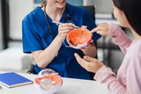 Female Caucasian ophthalmologist explains about eye diseases using the eye model with an Asian female patient At the table in the hospital examination room, Glaucoma, Cataract, Diabetic Retinopathy