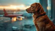 Service animal vacation concept. Golden retriever dog waiting in airport terminal ready to board the airplane.