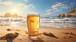 Beach scene featuring cold beer against backdrop