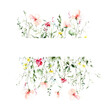 Watercolor floral border frame on white background. Pink, orange growing wild flowers, herbs, leaves and twigs.