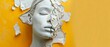 Plaster head model, statue, and female portrait collage isolated on yellow background. Negative space underneath for inserting text. Contemporary colorful and conceptual bright art collage.