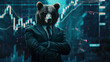 Businessman with bear head standing in office, as bearish market sentiment. Trading charts, concept of financial markets trading, with bulls and bears indicating market trends.