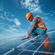 © Vuk - Technician inspecting solar panels on rooftop. Skilled worker evaluates the solar panel arrangement on a sunny day to ensure proper power generation
