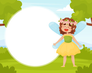 Sticker - Note Card with Flying Cute Girl Fairy with Wings and Smiling Face Vector Template