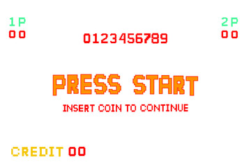 Leinwandbilder - PRESS START INSERT A COIN TO CONTINUE .pixel art .8 bit game. retro game. for game assets .Retro Futurism Sci-Fi Background. glowing neon grid. and stars from vintage arcade computer games