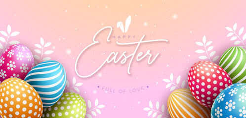 Sticker - Happy Easter Banner Design with Colorful Painted Egg and Typography Lettering on Light Pink Background. International Christian Religious Celebration Holiday Banner Design for Greeting Card or Party I