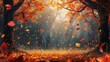 Autumn, autumn forest, foliage, carpet of leaves, maple, red and yellow treetops, wilderness, edge, sun rays, wind, close up, dark colors. Forest beauty in spring concept. Generative by AI