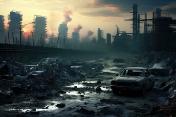 Poster - A car sitting in a dirty area next to some buildings. Generative AI.