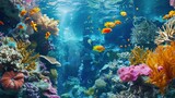 Fototapeta Do akwarium - Underwater world, corals, sea life, fish, dark colors, natural environment, flora and fauna, sun rays, water, aqua, sea, ocean, realistic style. Generative by AI