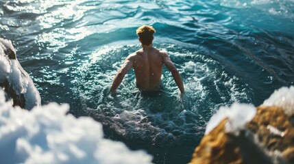 Poster - A man swimming in a body of water with rocks and snow. Generative AI.