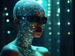 Sticker - A woman with a glowing face and sunglasses in front of lights. Generative AI.