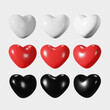 3d red, black and white hearts different 3 rotation. 3d render glossy plastic hearts set. Vector illustration.