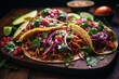 Mexican chicken and beef fajitas tacos with avocado and cilantro on bright wooden table