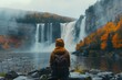 Person With Backpack Standing in Front of a Waterfall