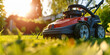 Professional Gardener Trimming Grass Lawn Using machine