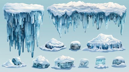 Aufkleber - Snowdrifts, icicles, snowballs and icicles isolated on transparent background. Winter decorations.