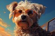 Dog sporting sunglasses, showcasing a playful and fashionable take on pet portraiture against a vibrant sunset backdrop