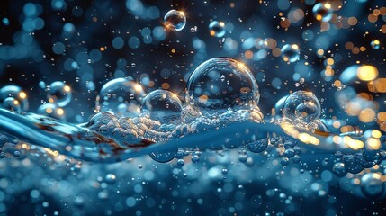 Poster - The fizzing air bubbles of underwater soda pop flow over a transparent background. Fizzy drinks, sparkling water, champagne, soda pop. Modern background texture for underwater illustrations.