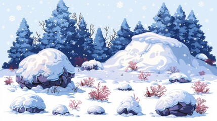 Aufkleber - Set of snow caps, snowballs, and snowdrifts. Winter decoration element. Snowy elements on a winter background. Cartoon template. Snowfall and snowflakes in motion. Illustration.