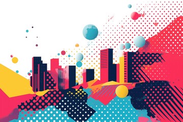 Wall Mural - A vibrant abstract blending urban skyline silhouettes with pop art elements and a dynamic splash of colors