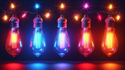 Poster - The Christmas shining garland. Realistic 3D design light effect. Multicolored lamps. Colored neon bulb holiday decoration. Modern illustration.