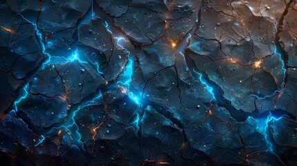 Leinwandbilder - Lightning, thunderbolts, cracks in the ground, frozen water, neon fissure, earthquake and land destruction texture. Kintsugi style.