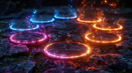 Fototapete - An isolated digital portal with a circle of neon light on black background. Futuristic teleport podiums with healing auras.