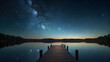 Photoreal 3D Product Presentation theme as Cosmic Reflection Concept As A clear night sky reflecting on a still lake, with a dock leading into the stars as if walking into infinity., Full depth of fie