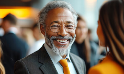 Smiling senior businessman in eyeglasses looking at camera with colleagues in background.