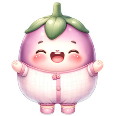 Wall Mural - Cute Eggplant vegetable character wearing cute pink pastel outfit with smiling face watercolor clipart.Nursery vegetables theme.