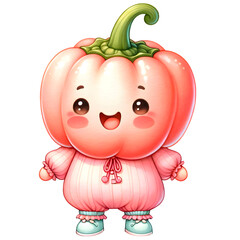 Wall Mural - Cute Chili Pepper vegetable character wearing cute pink pastel outfit with smiling face watercolor clipart.Nursery vegetables theme.