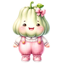 Wall Mural - Cute Chayote vegetable character wearing cute pink pastel outfit with smiling face watercolor clipart.Nursery vegetables theme.