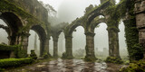 Fototapeta Natura - Mist-Clad Ruins. The remnants of an ancient castle, shrouded in mist.