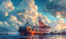 Busy Dockyard, Loading Cargo Under Cloudy Skies