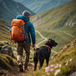 Wanderer mit Hund genießt die majestätische Berglandschaft