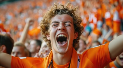 A joyful fan at a soccer event, happily shouting and gesturing with his arms in the air, showcasing his love for the game. AIG41