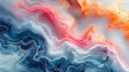 Aufkleber - A captivating abstract fluid art piece depicted in this image has swirls of blue, pink, orange, and white colors, which resemble marble textures.