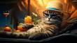 A cool cat wearing a straw hat and glasses is relaxing