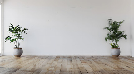 Wall Mural - Minimalist interior design of an empty room with a white wall and wooden floor, green plants in pots on the side. Simple and clean interior with bright natural light from a window. Copy space.